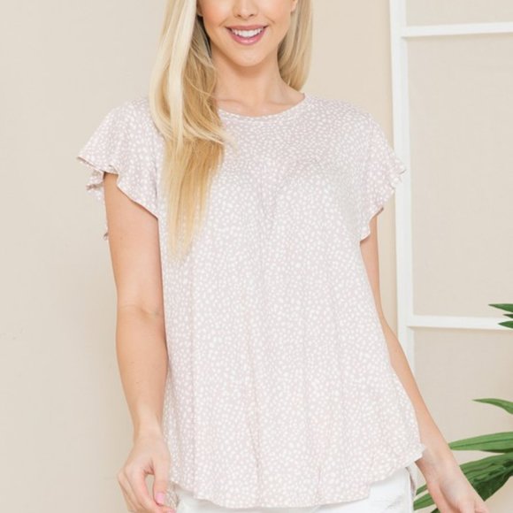 Plus Size- Ruffle Sleeve Round Neck Top- Dusty Rose with white spots - Picture 3 of 7
